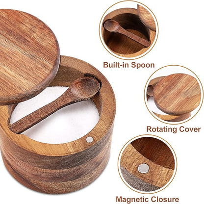 Acacia Wood Salt and Pepper Bowl, Nature Wood Salt Cellar and Spices Storage Box With Built-in Spoon and Magnetic Swivel Lid (Single Compartment 6.5 oz)