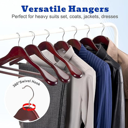 HOUSE DAY Wood Suit Hangers for Men, Wide Shoulder Wooden Hangers with Non Slip Pants Bar, Smooth Retro Finish 360° Swivel Hook Solid Wood Coat Hangers for Heavy Clothes Hanger 6 Pack (Cherry Wood)