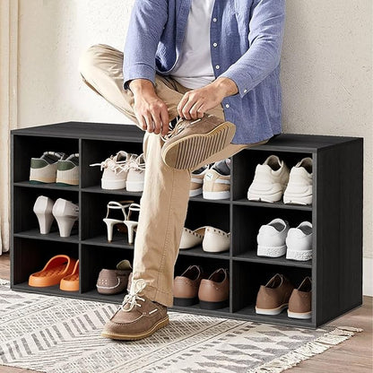 Aenuert 12-Cubby Shoe Rack, 3-Tier Wood Shoe Organizer, Multifunctional Shoe Organizer Bench for Entryway, Mudroom, Hallway, Closet,36.22 * 11.81 * 17.72 Inch,Black