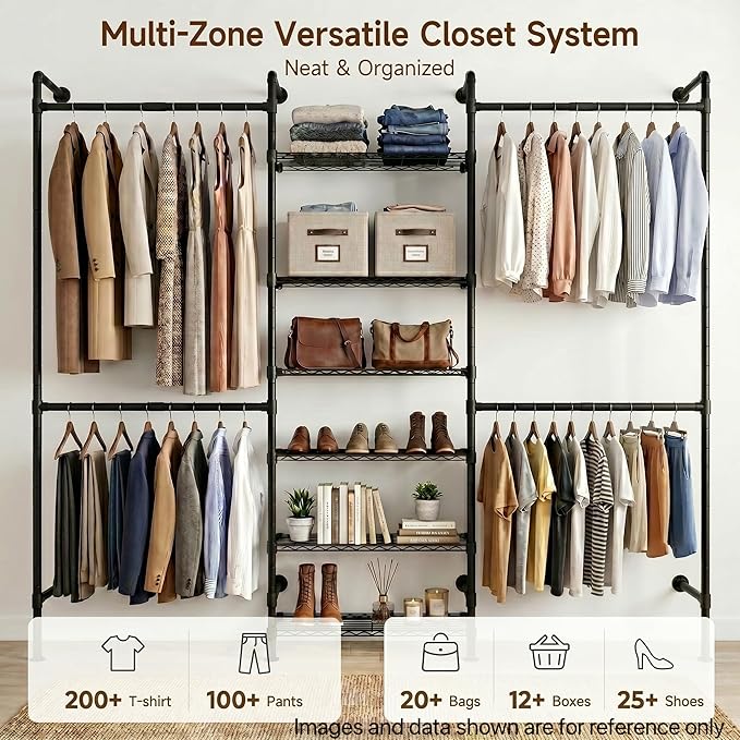 F3 Wall Mounted Closet System, Industrial Pipe Clothing Rack for Hanging Clothes, Heavy Duty Closet Organizer System, Clothes Racks with Shelves & Expandable Rod for Wardrobe, Corner, Black