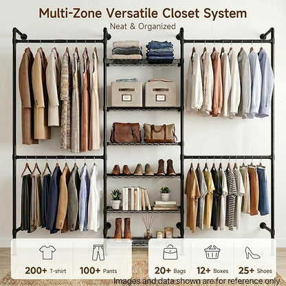 F3 Wall Mounted Closet System, Industrial Pipe Clothing Rack for Hanging Clothes, Heavy Duty Closet Organizer System, Clothes Racks with Shelves & Expandable Rod for Wardrobe, Corner, Black