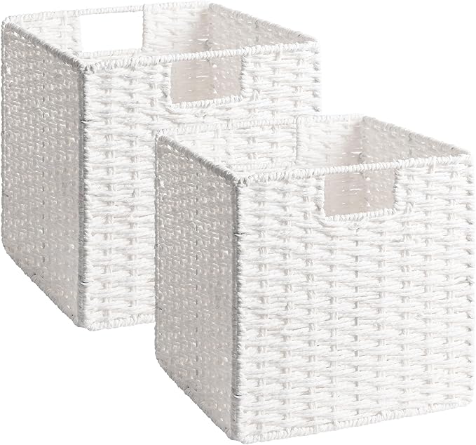 StorageWorks 11 inch Wicker Storage Cubes, Handwoven Cube Storage Bin, Square Cubes Basket, Foldable Paper Rope Basket for Organizing, White, 2 Pack