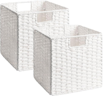 StorageWorks 11 inch Wicker Storage Cubes, Handwoven Cube Storage Bin, Square Cubes Basket, Foldable Paper Rope Basket for Organizing, White, 2 Pack