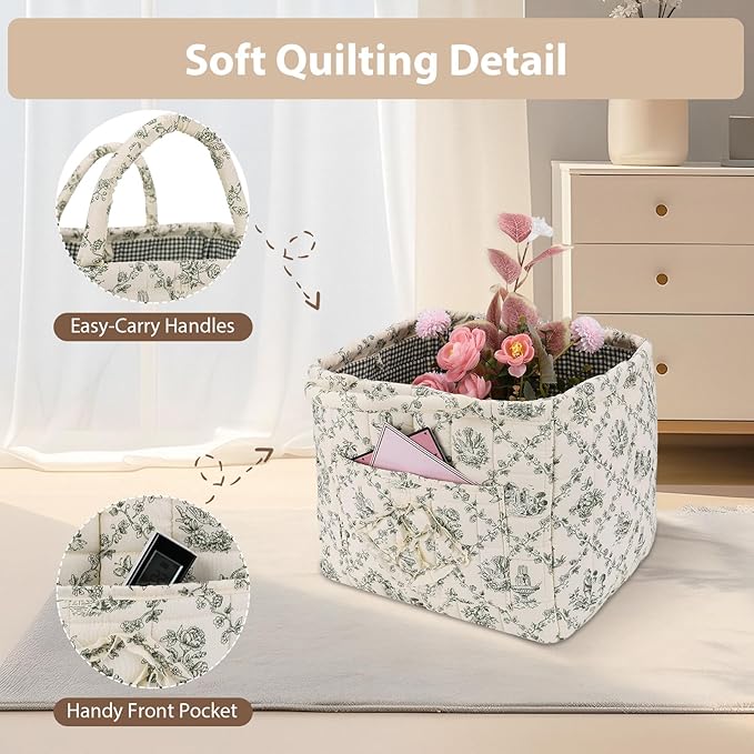 Storage Basket Boho Fabric Large Collapsible Floral Laundry Nursery Hamper Portable Folding Storage for Clothes Toys (Vine-Green)