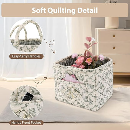 Storage Basket Boho Fabric Large Collapsible Floral Laundry Nursery Hamper Portable Folding Storage for Clothes Toys (Vine-Green)