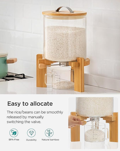 HBlife 8-10 Lbs Glass Rice Dispenser with Wooden Stand Flour and Cereal Container with Glass Measuring Cup Pantry Food Organization Storage Bin with Airtight Bamboo Lid, 5L (2 Pack)