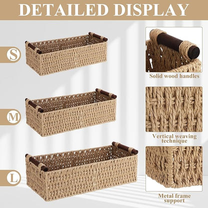 Boao 3 Pcs Boho Storage Wicker Baskets Handmade Woven Decorative Paper Rope Baskets for Organizing with Handle Countertop Toilet Paper Storage Container for Toilet Tank Top(Camel,Rectangle)