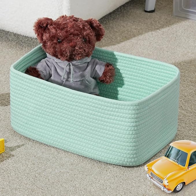 3-Pack Storage Baskets for Organizing | Woven Shelf Toy Basket | Rope Baskets for Gifts Empty | Closet Organizer Bins with Handles | Cube Decorative Box | 13.7×7.1×6.7” | Light Green