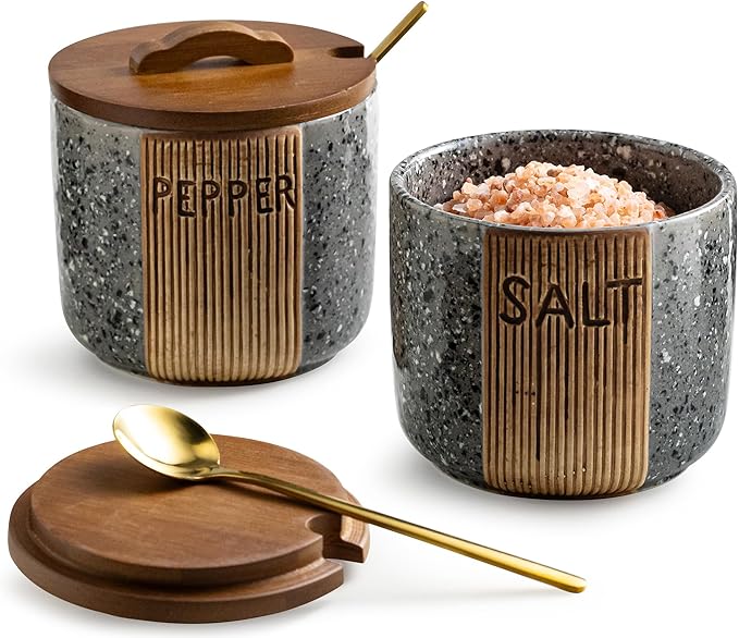 Salt and Pepper Bowl Ceramic, 10 Oz Salt Containers for Countertop Salt Cellar with Wooden Lid and Spoons, Salt and Pepper Set Marble Design, Gray