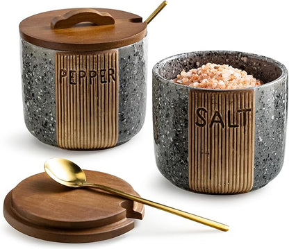 Salt and Pepper Bowl Ceramic, 10 Oz Salt Containers for Countertop Salt Cellar with Wooden Lid and Spoons, Salt and Pepper Set Marble Design, Gray