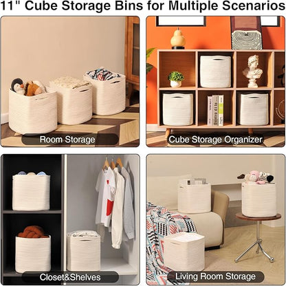 11 Inch Cube Storage Bins, 11x11 Cube Storage Bins for Cube Organizer, Square Cloth Storage Cubes, Woven Storage Baskets for Shelves, Toy Rope Baskets Storage Kids, Off White (Pack of 3)