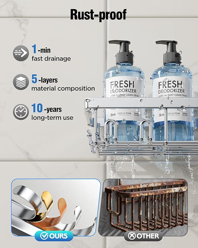 Shower Caddy 7 Pack, Adhesive Bathroom Shower Organizer for Bathroom Storage, No Drilling Large Capacity Rustproof Stainless Steel Shower Shelves Rack for Bath, Silver