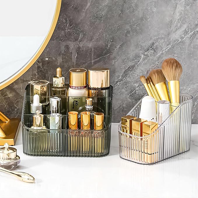 DASITON Large Capacity Makeup Brush Holder,5 Slot Makeup Brush Cup,Vintage striped Make Up Brush Holder,for Vanity Decor,Bathroom Countertops,Desk Storage Container,Cosmetic Display cases(Green-L)