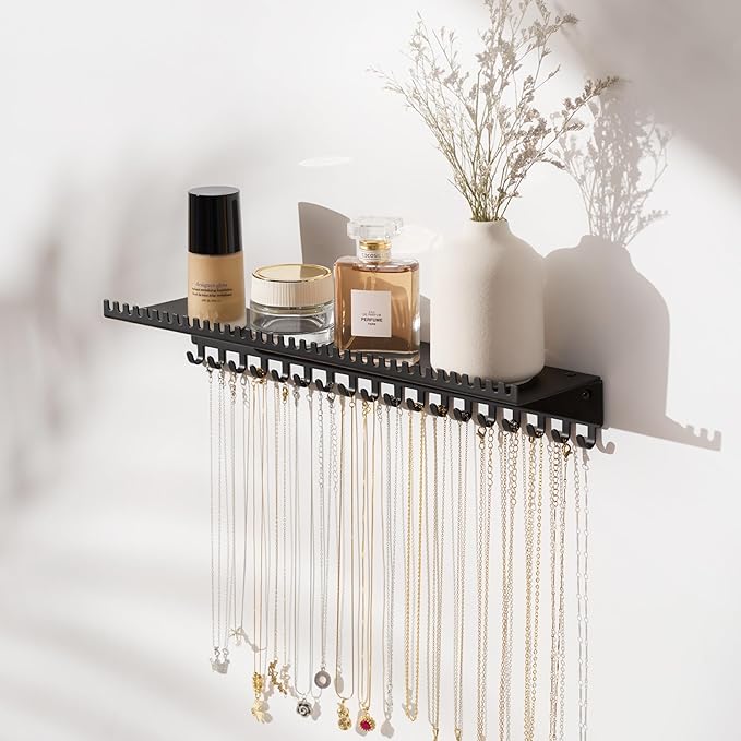 Necklace Holder Wall Hanging Organizer: Wall Mounted Jewelry Shelf with 56 Hooks and Tray, Display Hanger for Kids, Girls and Women, Black & Metal