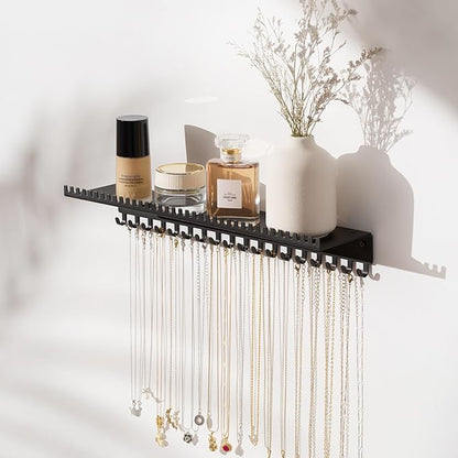 Necklace Holder Wall Hanging Organizer: Wall Mounted Jewelry Shelf with 56 Hooks and Tray, Display Hanger for Kids, Girls and Women, Black & Metal