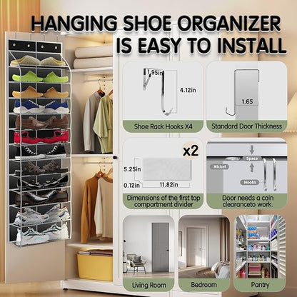 Kotkn Over The Door Shoe Organizer with 12 Large Breathable Pockets - Durable Hanging Storage for the Entire Family's Shoes (Black)