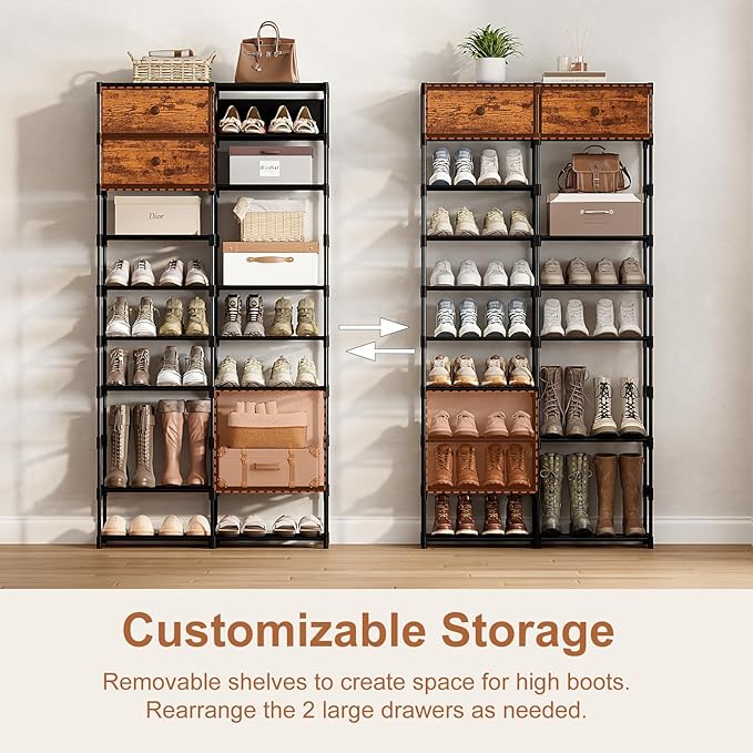 Tall Shoe Rack, 10 Tier Large Shoe Rack Organizer with 2 Drawers, Shoe Storage for 36-40 Pairs, Sturdy Metal Shoe Shelf Shoe Stand for Closet Entryway, Rustic Brown and Black