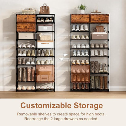 Tall Shoe Rack, 10 Tier Large Shoe Rack Organizer with 2 Drawers, Shoe Storage for 36-40 Pairs, Sturdy Metal Shoe Shelf Shoe Stand for Closet Entryway, Rustic Brown and Black