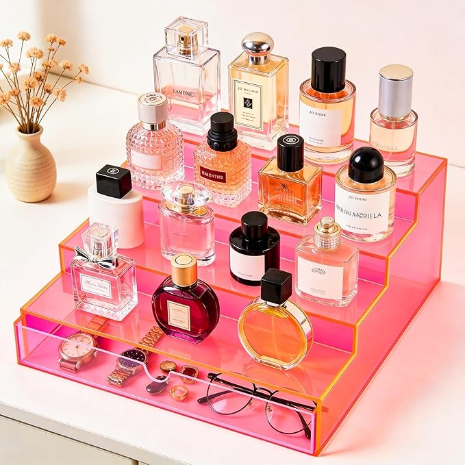 Perfume Organizer for Women Acrylic Perfume Display Shelf with Drawer 4-Tier Makeup Stand for Vanity Cosmetic Display Case, Neon Pink