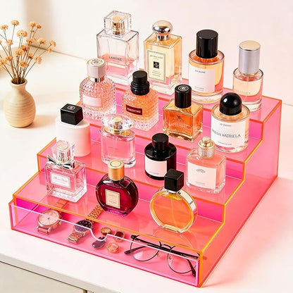 Perfume Organizer for Women Acrylic Perfume Display Shelf with Drawer 4-Tier Makeup Stand for Vanity Cosmetic Display Case, Neon Pink