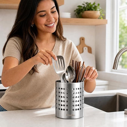 KSENDALO Small Stainless Steel Utensil Holder, SUS304 Silverware Utensil Drying Rack, Utility Sturdy Home Kitchen Daily Use Utensil Drainer for Countertop, Silver (5.32inch Tall)