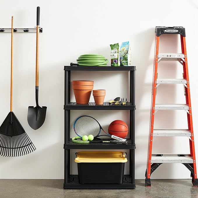 Gracious Living 4 Shelf Fixed Height Medium Duty Storage Unit 14 x 32 x 54.5" Organizer System for Home, Garage, Basement, & Laundry, Black (4 Pack)