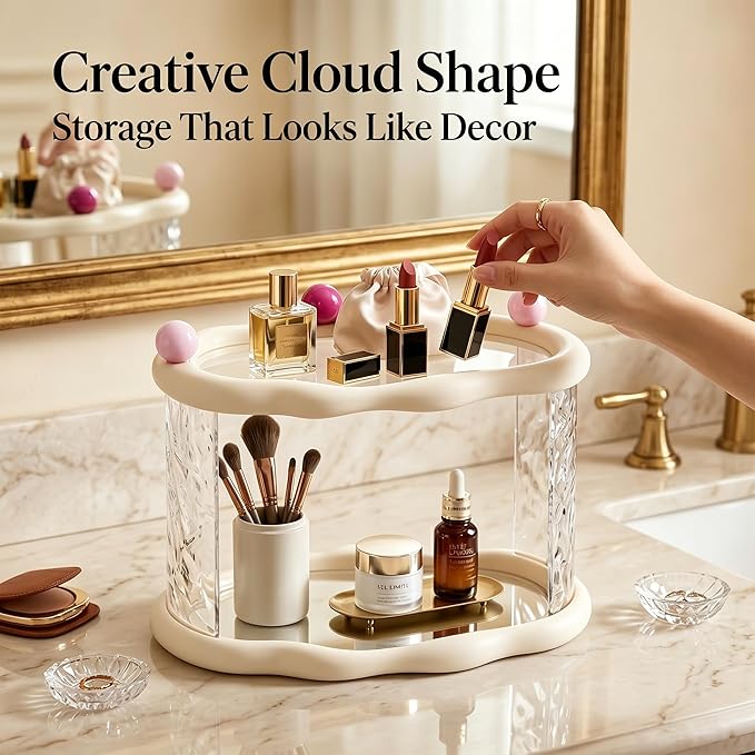 Skincare Makeup Organizer for Vanity and Bathroom Countertop-2 Tier Makeup Jewelry Storage,Transparent Clear Cloud Cosmetics Organizer, Ideal for Cosmetic Perfume Skincare for Countertop,Desk,Bathroom,Dresser-White
