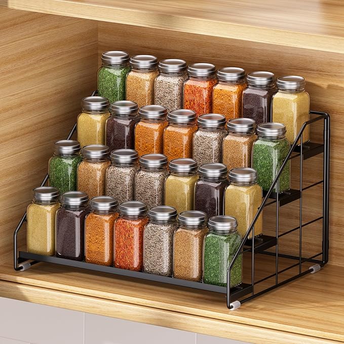 Spice Rack Organizer for Cabinet, 4 Tiered Spice Rack Organizer, Tiered Adjustable Spice Shelf for Kitchen Countertop Organization, Bright Black