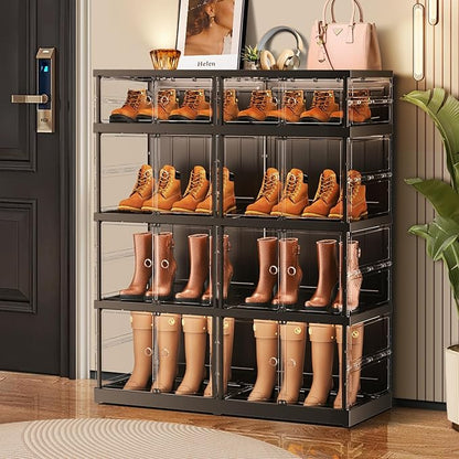 CIMLORD 4-Tier Foldable Shoe Rack for Closet Entryway 8-16Pairs,Stackable Clear Shoe Storage Boxes Organizer with Door Plastic Shoe Cabinet Bins with Lids Shoes Shelf Easy Assembly Large Black