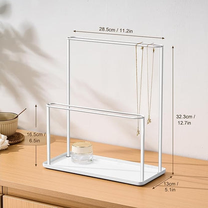 Headband Holder Organizer Metal 2-Tier with Tray: Hair Accessories Display Stand Storage Hairband Rack Necklace Stand Home Bedroom for Girls Women, White