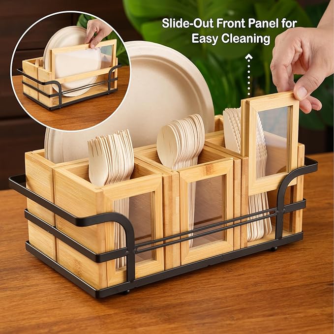 Silverware Caddy Wood Utensil Holder Silverware Utensil Caddy Cutlery Flatware Paper Plate Dispenser Organizer for Spoons Forks Plates Napkins (Acrylic)
