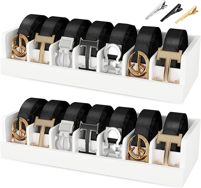 Bamboo Belt Storage Organizer Box - Belt Organizer for Closet | Wooden Belt Tie Hanger Racks for Men Women Drawer | Belt Display Holder Wall Mount with 2 Pcs Tie Clip (White, 2 7GRIDS)