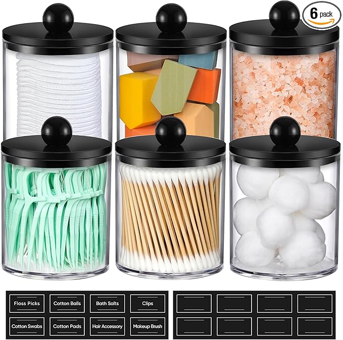6 Pack Acrylic Qtip Holder Dispenser for Cotton Swabs, Balls, Pads, Floss - Plastic Canister Apothecary Jar Set, Bathroom Essentials Accessories Decor Vanity Makeup Storage Organizer - Clear & Black