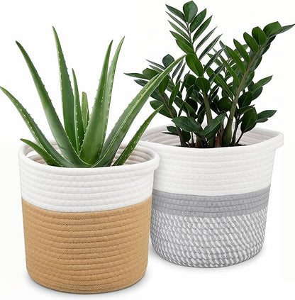 GLEAVI 2 Pack Woven Plant Baskets Indoor for 7 Inch Pots, Cotton Rope Planter Basket Set with Dual Tone Design, 7.9" Decorative Storage Bin Cover for Home Decor Organization