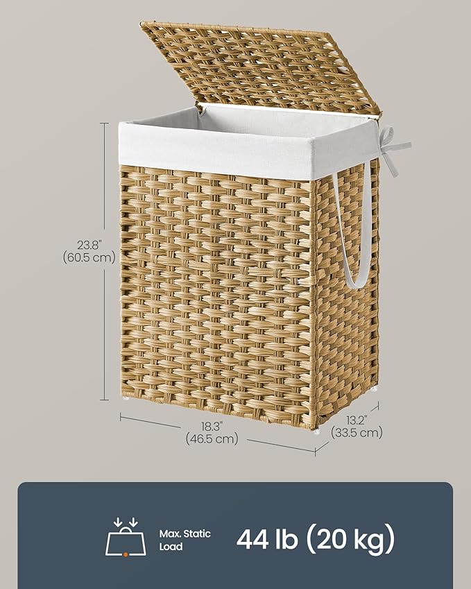 SONGMICS HOME Laundry Hamper with Lid, Clothes Basket with Removable Liner and Handles, 23.8 Gallon, Foldable Narrow Laundry Organizer for Bathroom, Bedroom, Light Brown