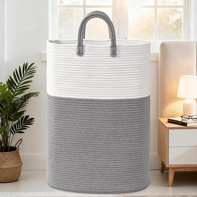 Woven Laundry Basket for Clothes, 80L Large Rectangle Laundry Hampers with Beads Tassel, Nursery Storage Basket for Toys, Tall Dirty Clothes Hamper for Bedroom Aesthetic, Laundry Room Organization