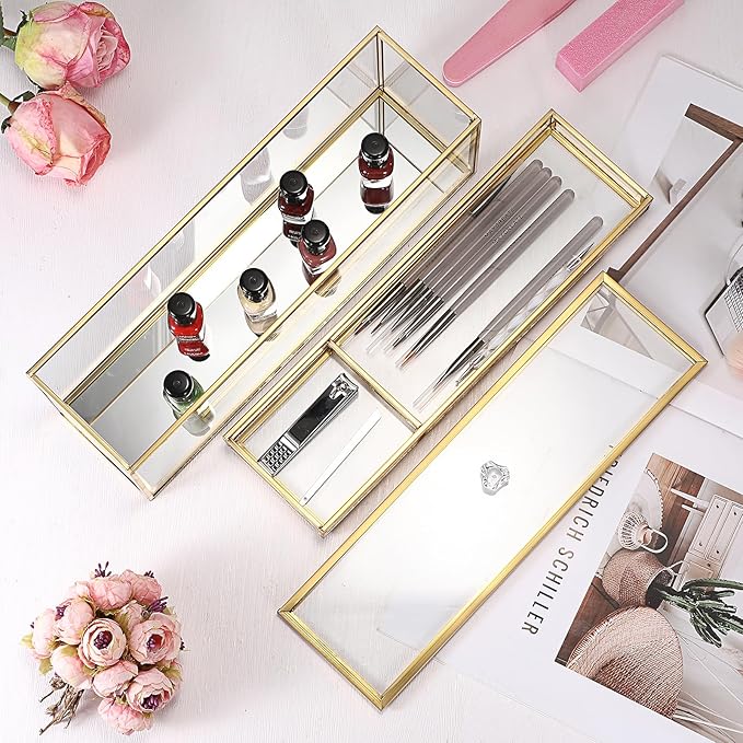 JUXYES Glass Nail Polish Set Storage Box with Tray and Lid, Double Tiers Personal Storage Box Organizer with Mirrored Bottom for Nail Polish Tweezer Manicure Tools Nail Art Accessories Tools Supplies
