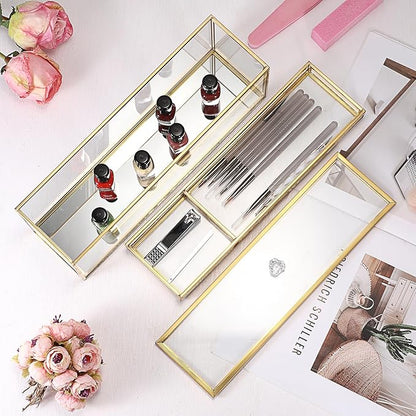 JUXYES Glass Nail Polish Set Storage Box with Tray and Lid, Double Tiers Personal Storage Box Organizer with Mirrored Bottom for Nail Polish Tweezer Manicure Tools Nail Art Accessories Tools Supplies