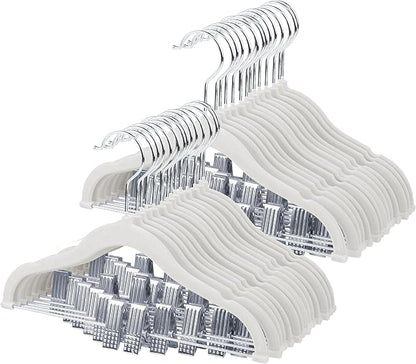 ManGotree 11.8'' Baby Velvet Hangers with Movable Clips, Non-Slip Kids Felt Hangers, Ultra-Thin Space-Saving Children's Clothes Hangers for Skirts, Pants, Dresses, Shirts, Jackets (28 Pack, White)