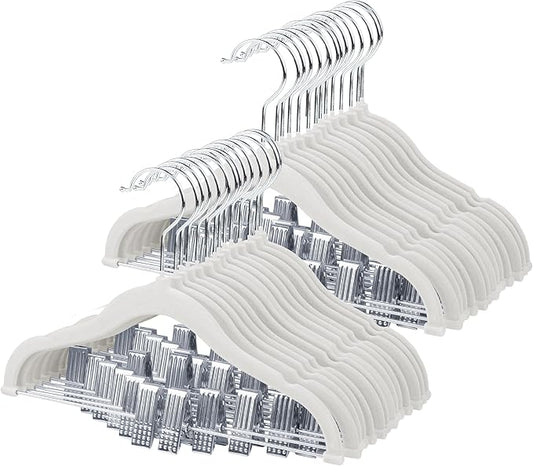 ManGotree 11.8'' Baby Velvet Hangers with Movable Clips, Non-Slip Kids Felt Hangers, Ultra-Thin Space-Saving Children's Clothes Hangers for Skirts, Pants, Dresses, Shirts, Jackets (28 Pack, White)