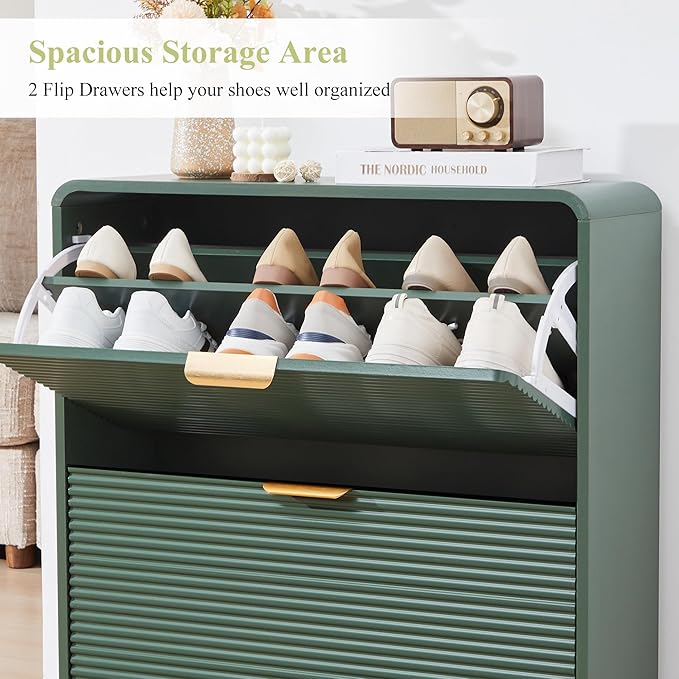 RARZOE Set of 2 Fluted Shoe Storage Cabinets for Entryway, Narrow Curved Shoe Cabinet with 2 Flip Drawers, Wood Hidden Shoe Organizer Closed Shoe Rack Cabinet for Foyer,Hallway (29.5''Green)