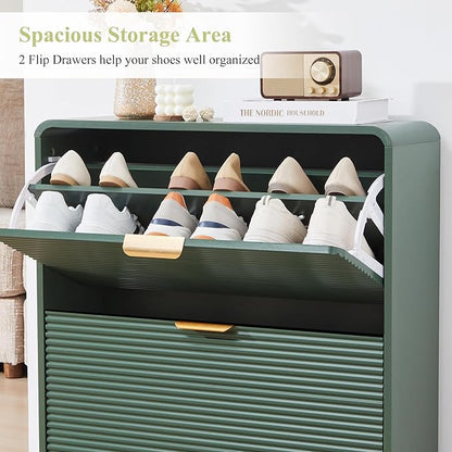 RARZOE Set of 2 Fluted Shoe Storage Cabinets for Entryway, Narrow Curved Shoe Cabinet with 2 Flip Drawers, Wood Hidden Shoe Organizer Closed Shoe Rack Cabinet for Foyer,Hallway (29.5''Green)