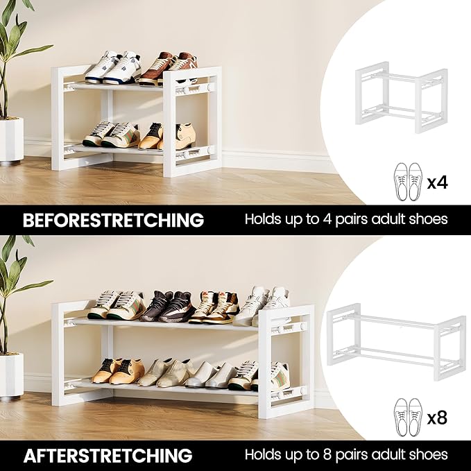 Homeiju Expandable Shoe Rack, 2 Tier Metal Shoe Shelf, Adjustable Shoe Stand for Sneakers, Boots, Heels, Heavy-Duty Steel Standing Shoe Organizer for Entryway, Closet, Bedroom, White