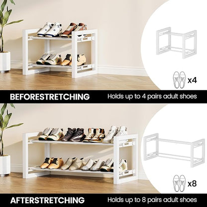 Homeiju Expandable Shoe Rack, 2 Tier Metal Shoe Shelf, Adjustable Shoe Stand for Sneakers, Boots, Heels, Heavy-Duty Steel Standing Shoe Organizer for Entryway, Closet, Bedroom, White