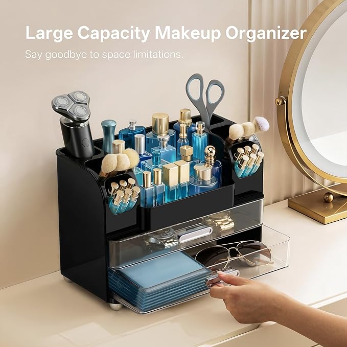 HBlife Makeup Organizer for Vanity with Brush Holder, Cologne Organizer for Men, Large Bathroom Countertop Cosmetic Organizer Skin Care Storage, Easy to Store Lipsticks, Nail Polishes, Perfumes, Black