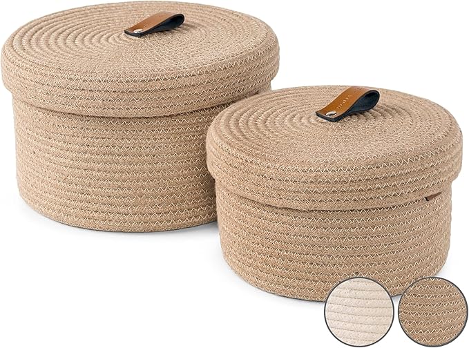 DENJA & CO Set of 2 Decorative Storage Baskets with Lids - Round Woven Baskets for Home Decor and Organizing - Small Shelf Baskets with Leather Tabs and Handles - Decorative Storage and Organizer Bins