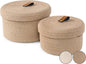DENJA & CO Set of 2 Decorative Storage Baskets with Lids - Round Woven Baskets for Home Decor and Organizing - Small Shelf Baskets with Leather Tabs and Handles - Decorative Storage and Organizer Bins