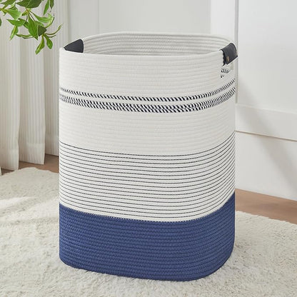 AINUOQI Large Laundry Basket - Tall Woven Rope Laundry Hamper with Leather Handles - Dirty Clothes hamper for Living room, Bedroom, 17" X 13.8" X 22", Dark Blue & White