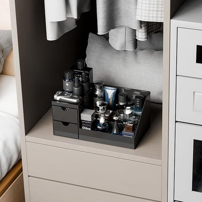 Yieach Mens Cologne Organizer With Drawers,Large Acrylic Perfume Organizer,Fragrance Shelf for Men Room Decor,Black Makeup Organizers and Cologne Holder for Mens Vanity,Bathroom Countertop and Dresser
