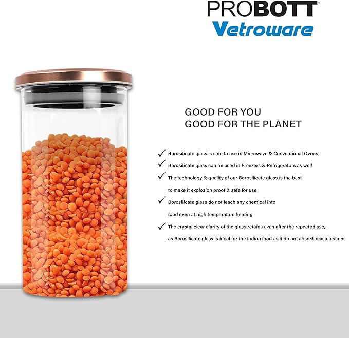 PROBOTT Vetroware Glass Storage Jar 1100ml, Transparent | For Grains, Pulses, Spice, Cereals, Cookies, Dry Fruits | Fridge Storage Container | Multipurpose Organizer Jar with Airtight Metal Lid